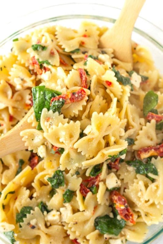 Sundried Tomato Pasta Salad with Spinach and Feta Cheese