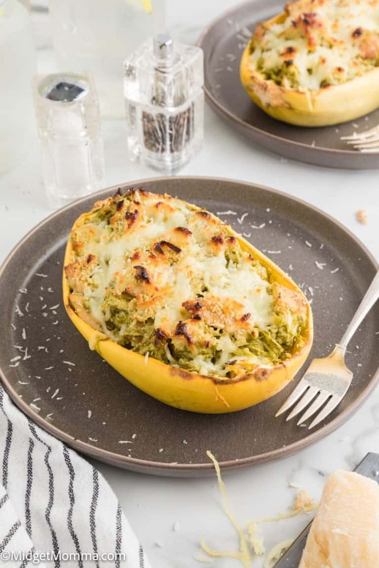 Chicken Pesto Oven Baked Spaghetti Squash Bowls