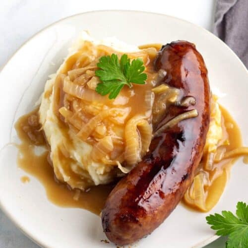 Bangers and mash with onion gravy recipe