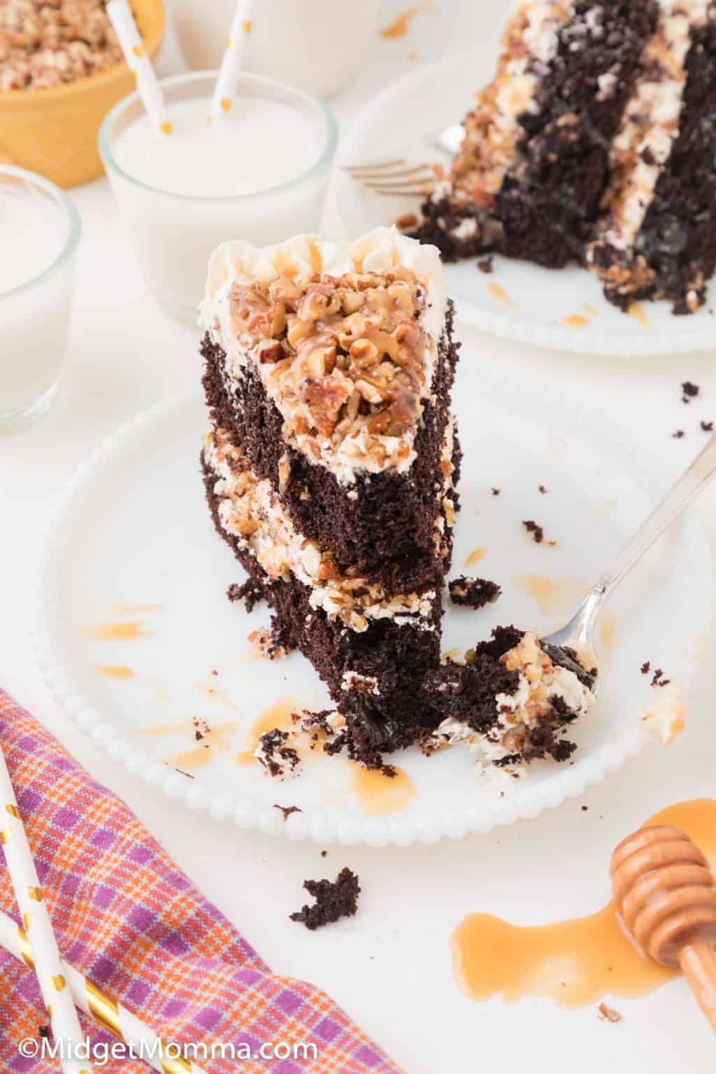 Caramel Turtle Cake Made with Homemade Chocolate Cake