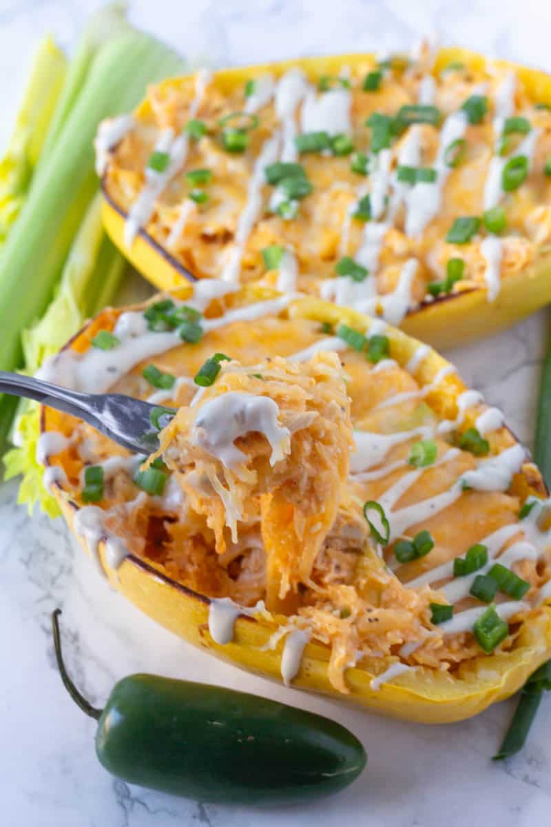 Buffalo Chicken Spaghetti Squash Midgetmomma