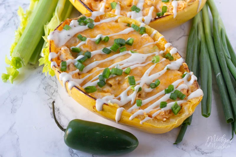 Buffalo Chicken Spaghetti Squash • MidgetMomma