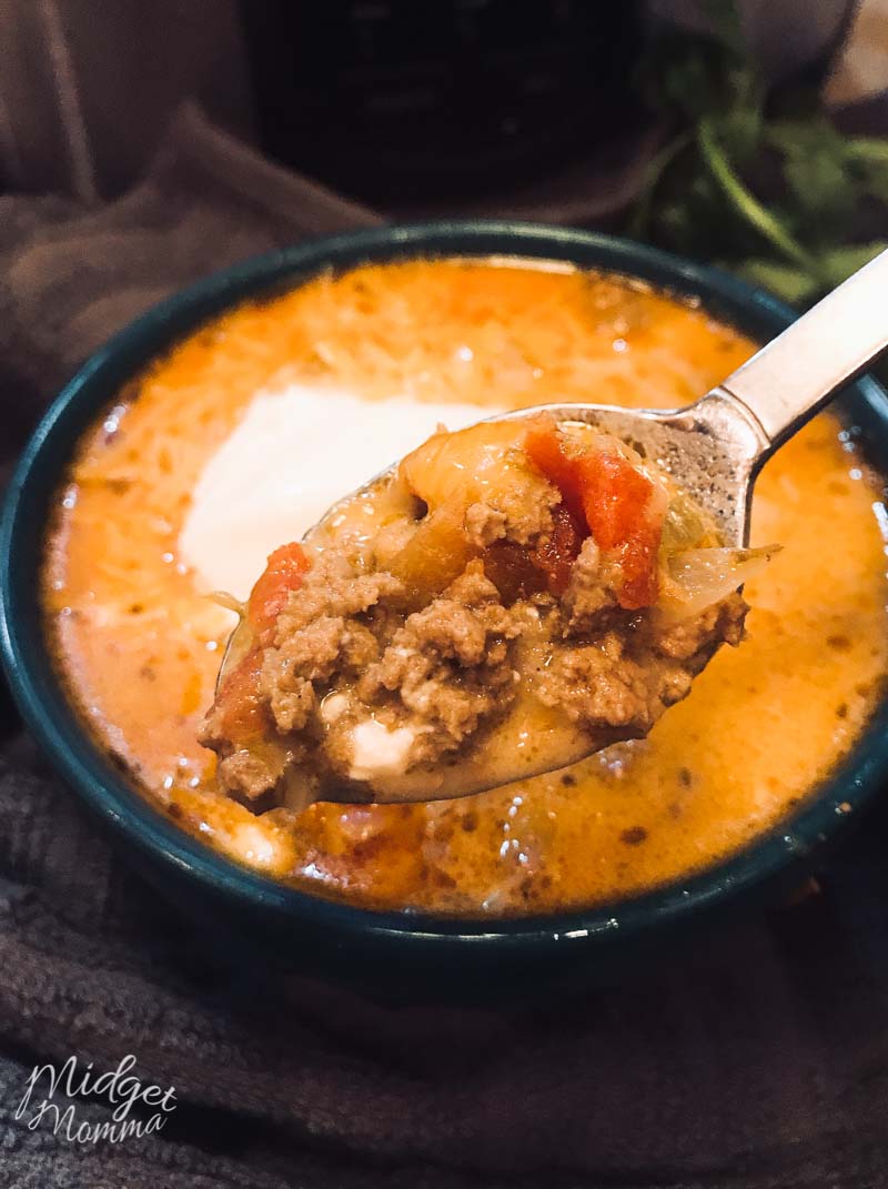 Low Carb Taco Soup in a blue bowl