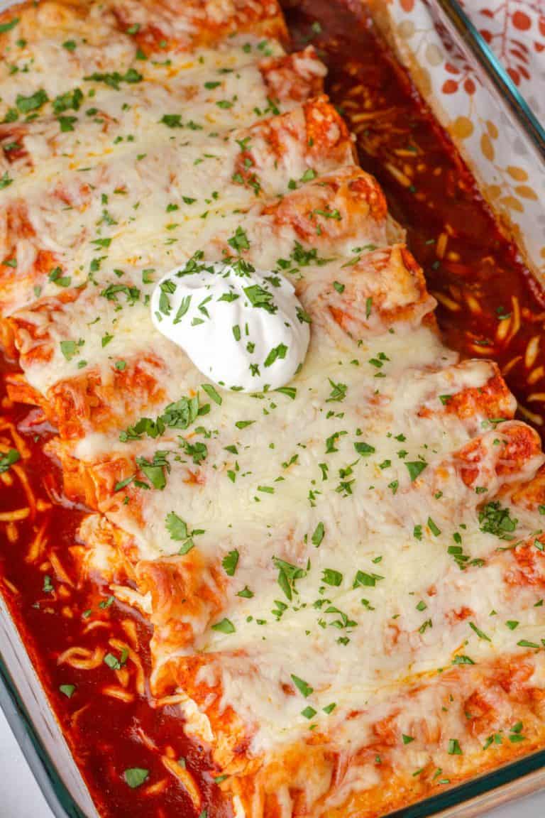 Cheesy Baked Chicken Enchiladas • MidgetMomma