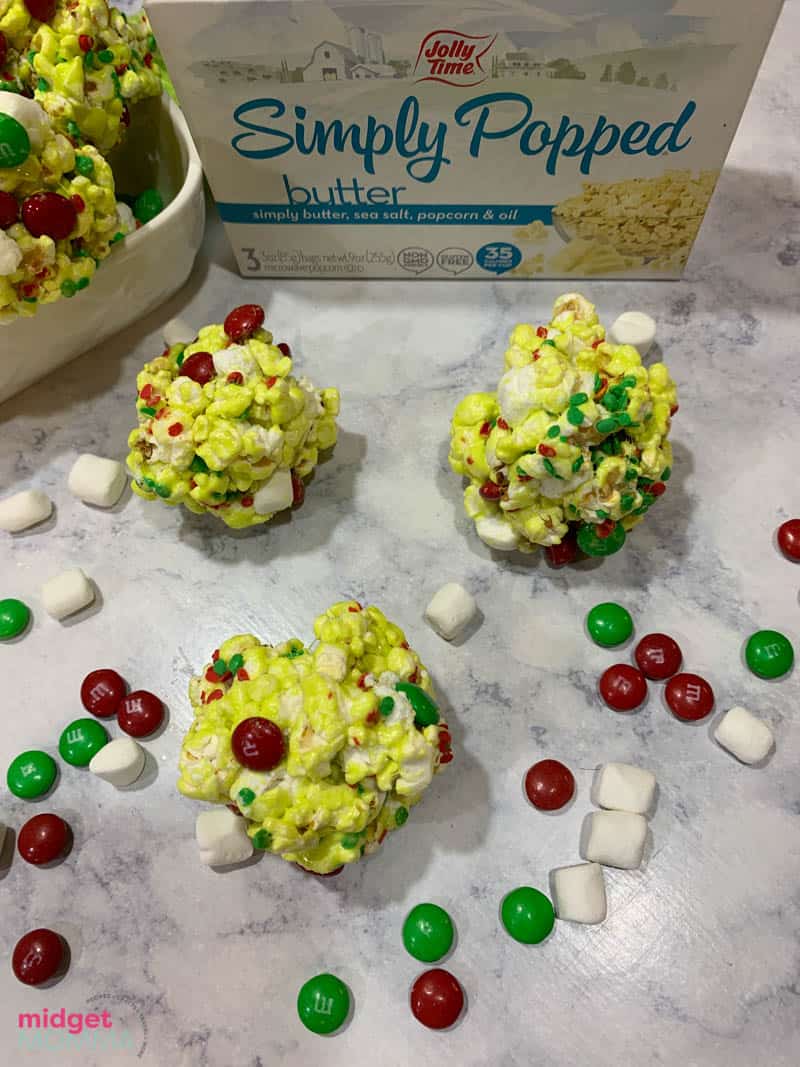 Grinch Popcorn Balls Made with Fresh Popcorn • MidgetMomma