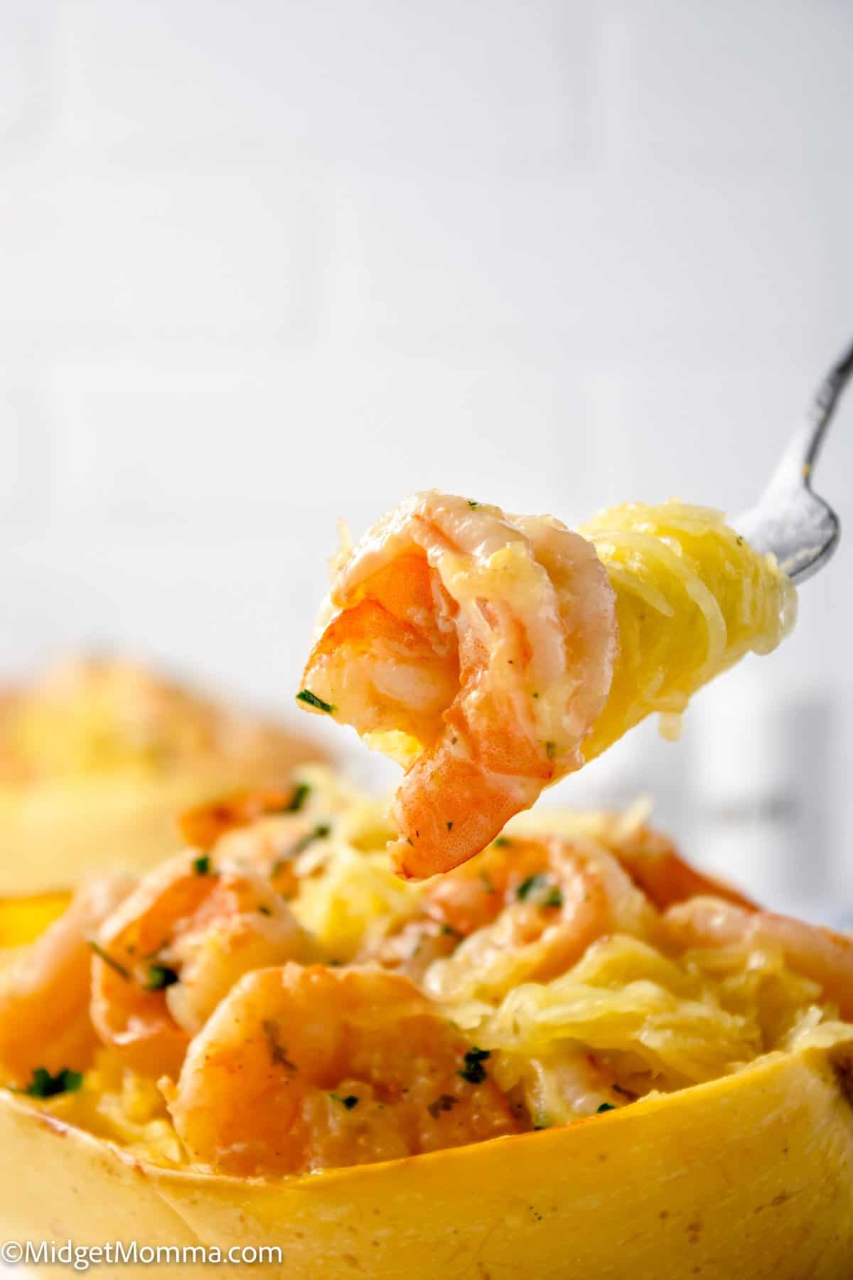 a forkful of Spaghetti Squash Shrimp Scampi Recipe