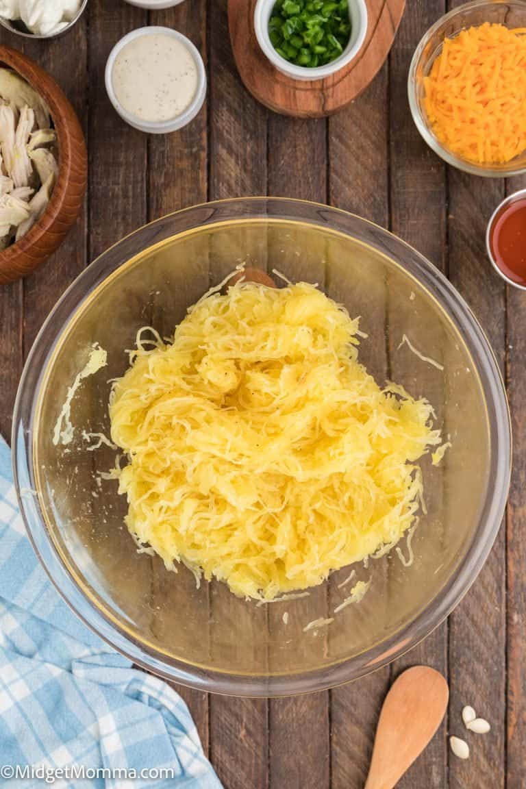 Buffalo Chicken Spaghetti Squash • MidgetMomma