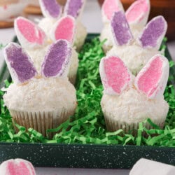 Cupcakes with bunny ear decorations in pink and purple, topped with white frosting and surrounded by green grass-like decor.