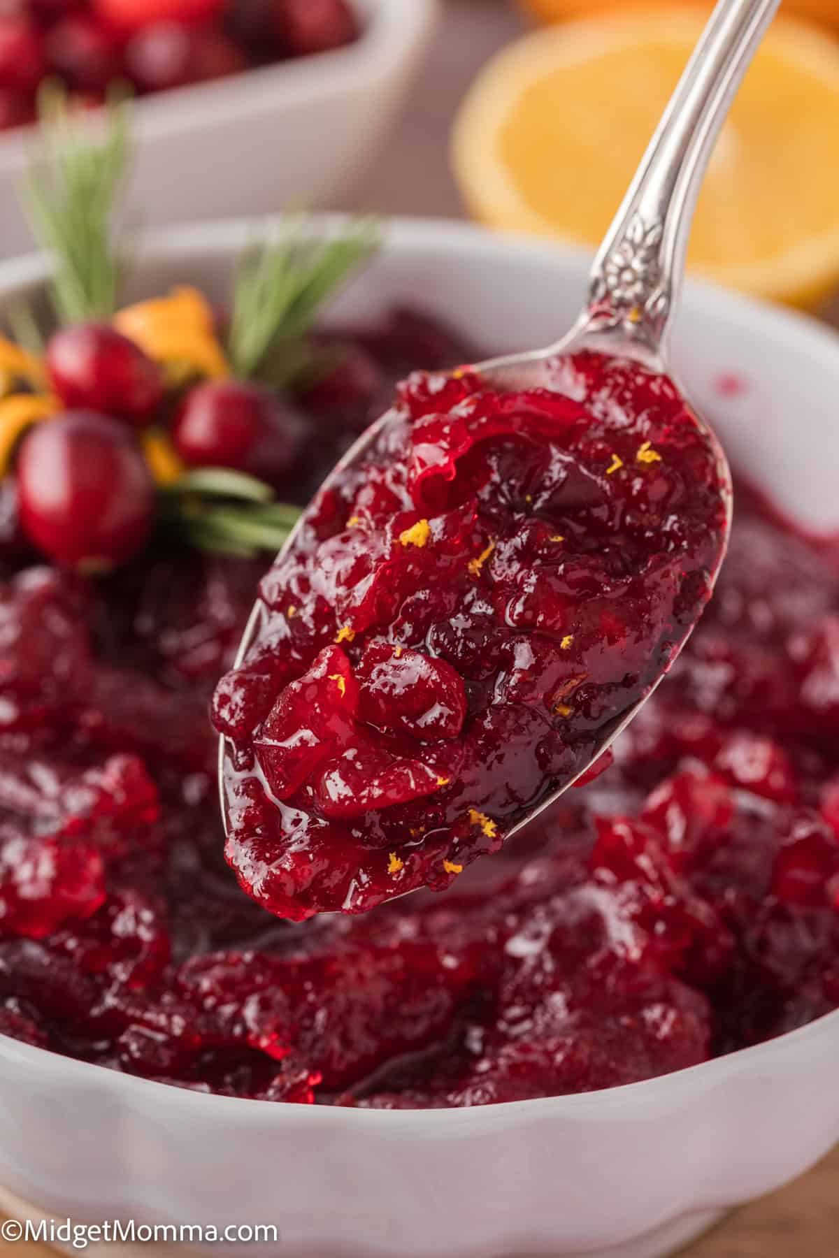 A spoonful of homemade cranberry sauce with visible cranberry chunks and orange zest in a white bowl.