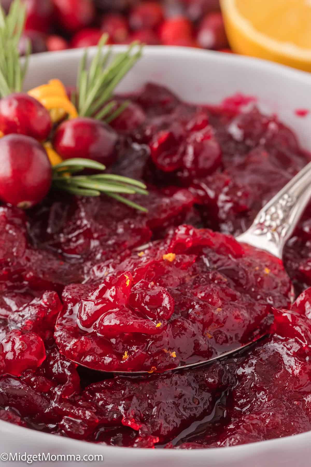 Close-up of a bowl of cranberry sauce with a spoon, garnished with fresh cranberries and a sprig of rosemary.