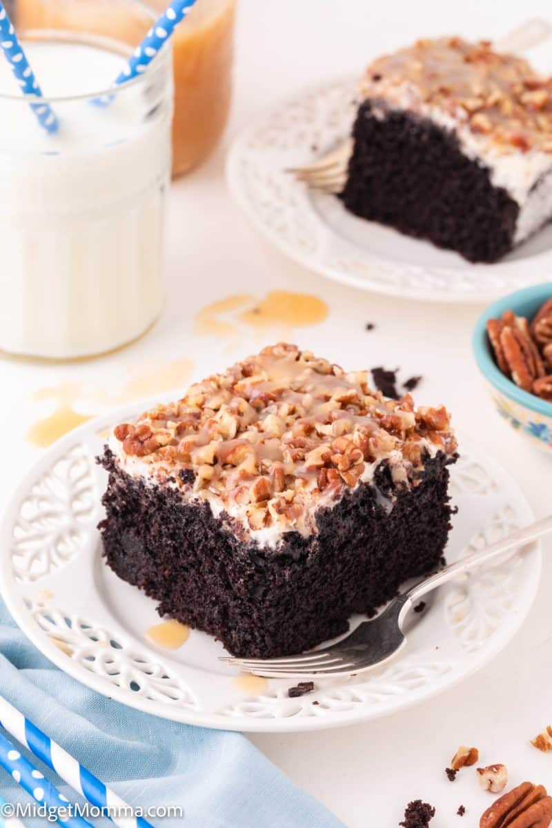 Caramel Turtle Chocolate Poke Cake • MidgetMomma