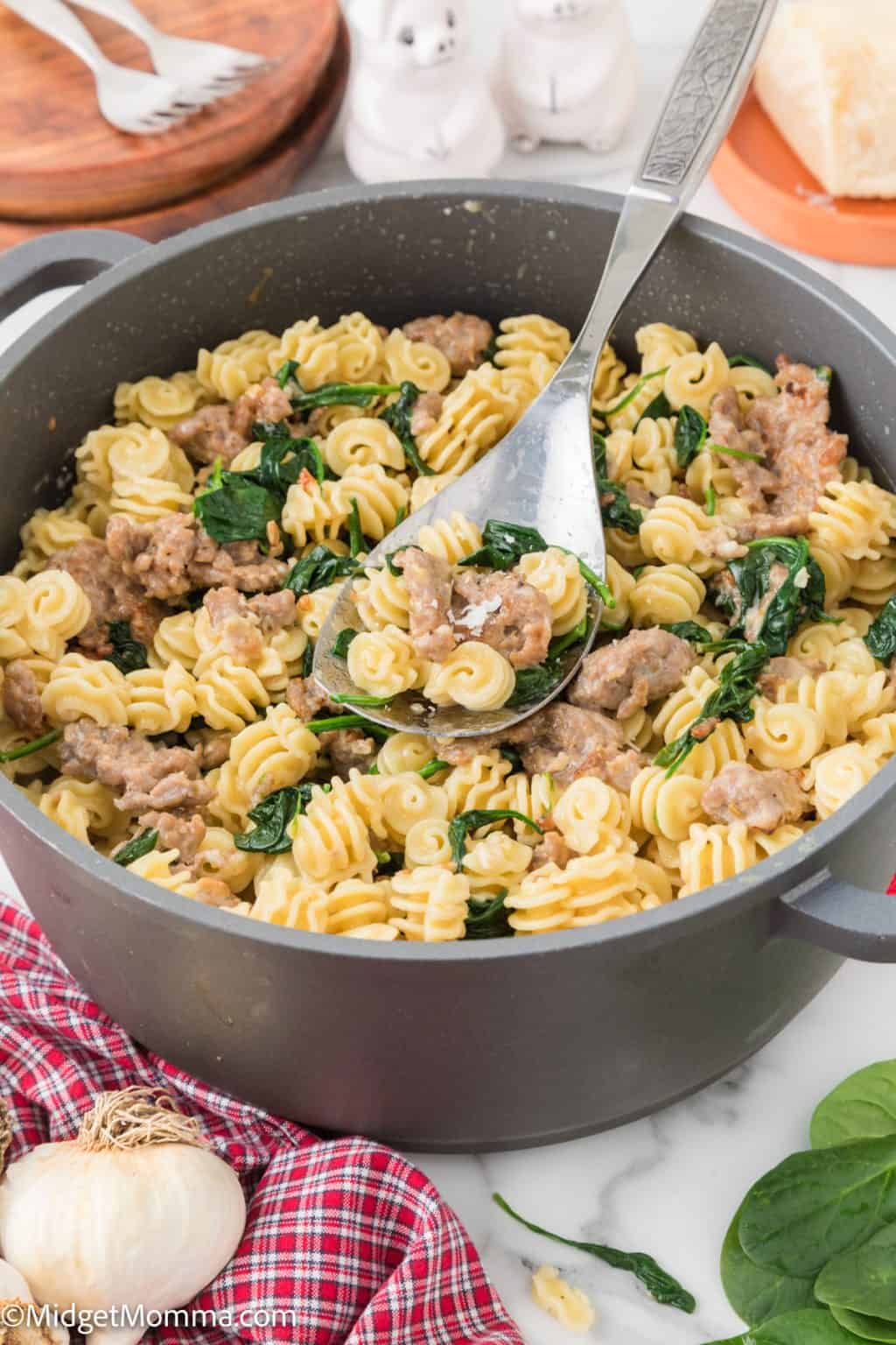 Creamy Spinach Sausage Pasta Recipe • MidgetMomma