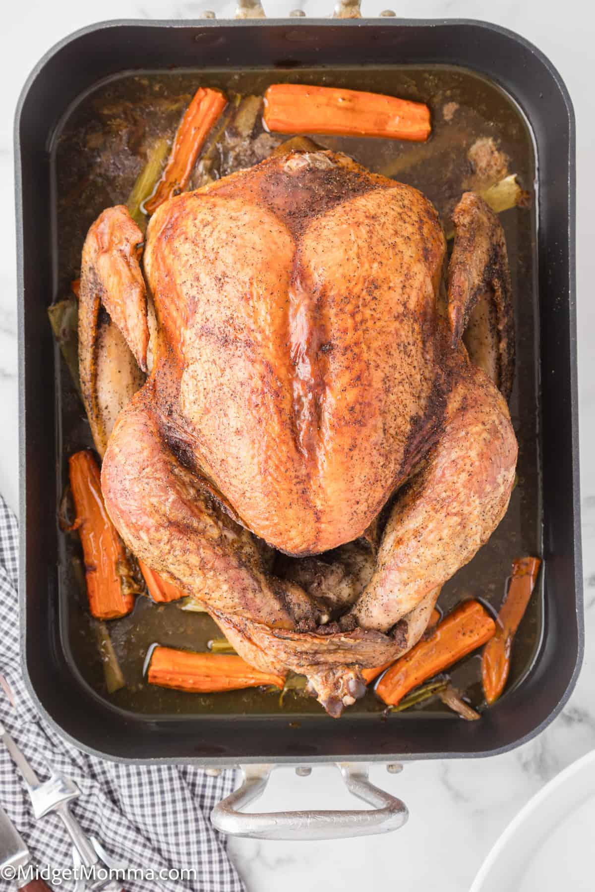 Roasted Dry Brine Turkey Recipe in a pan with carrots and celery.