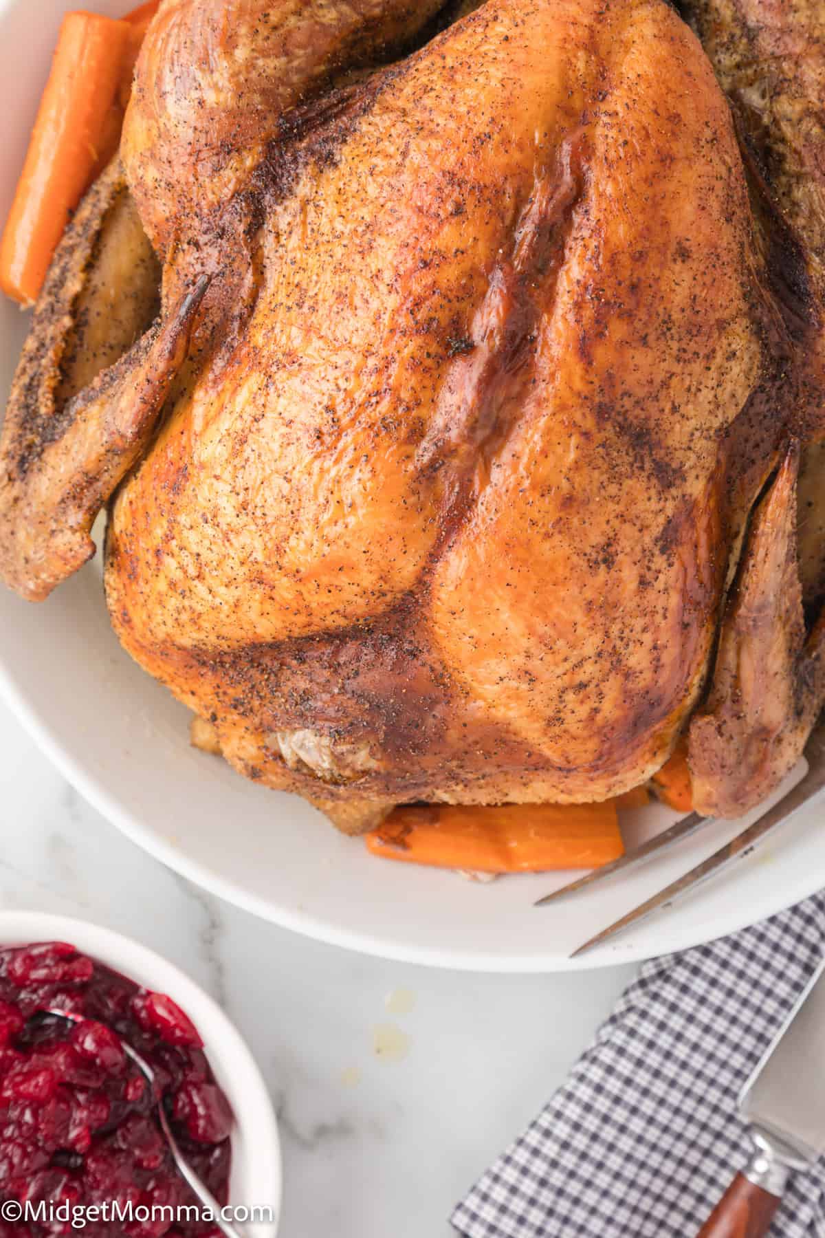 Roasted whole turkey served on a platter with carrots, alongside a dish of cranberry sauce.