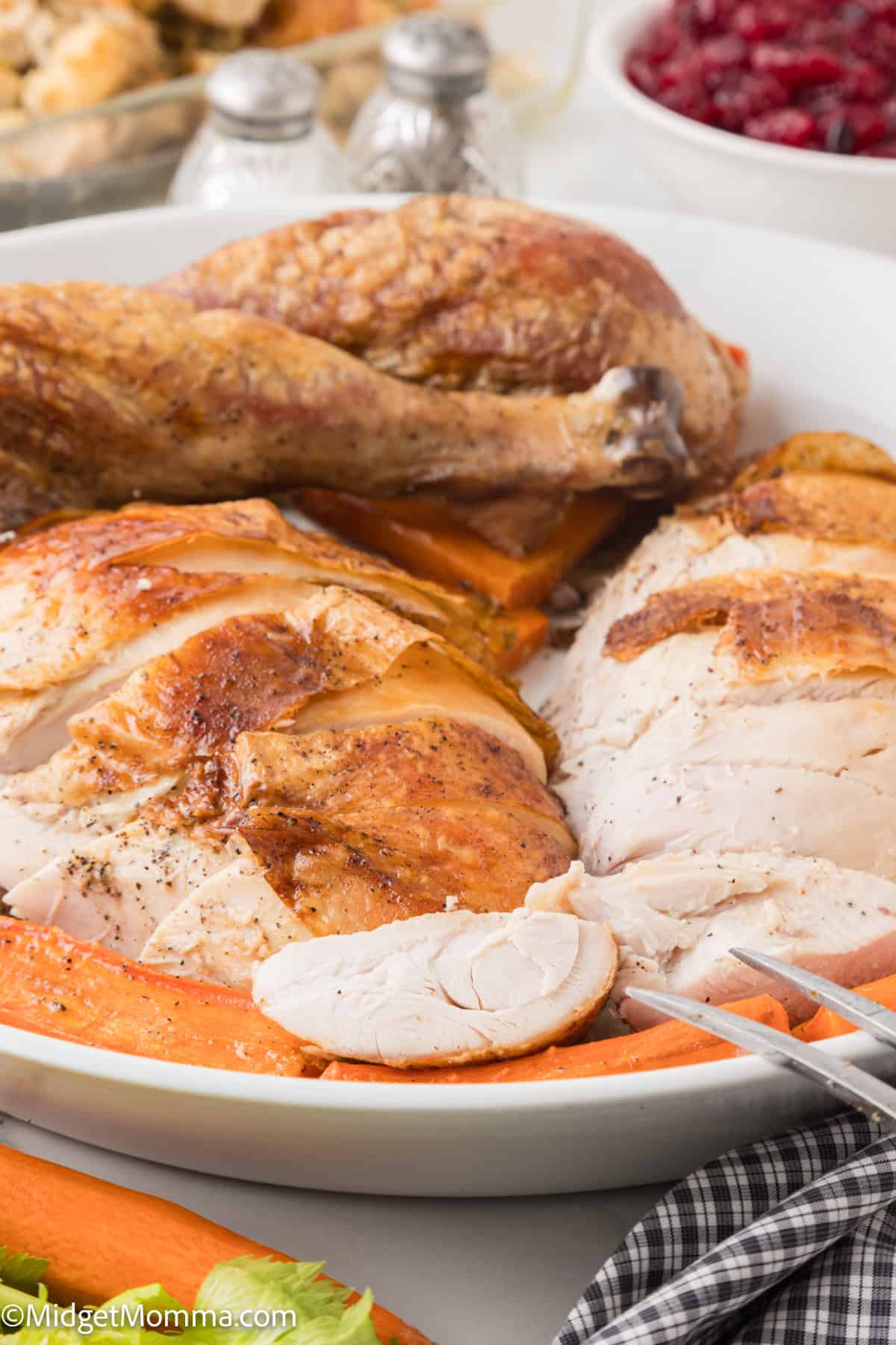 Sliced roasted turkey on a platter with carrots, garnished and ready to serve, with a side of cranberry sauce visible in the background.