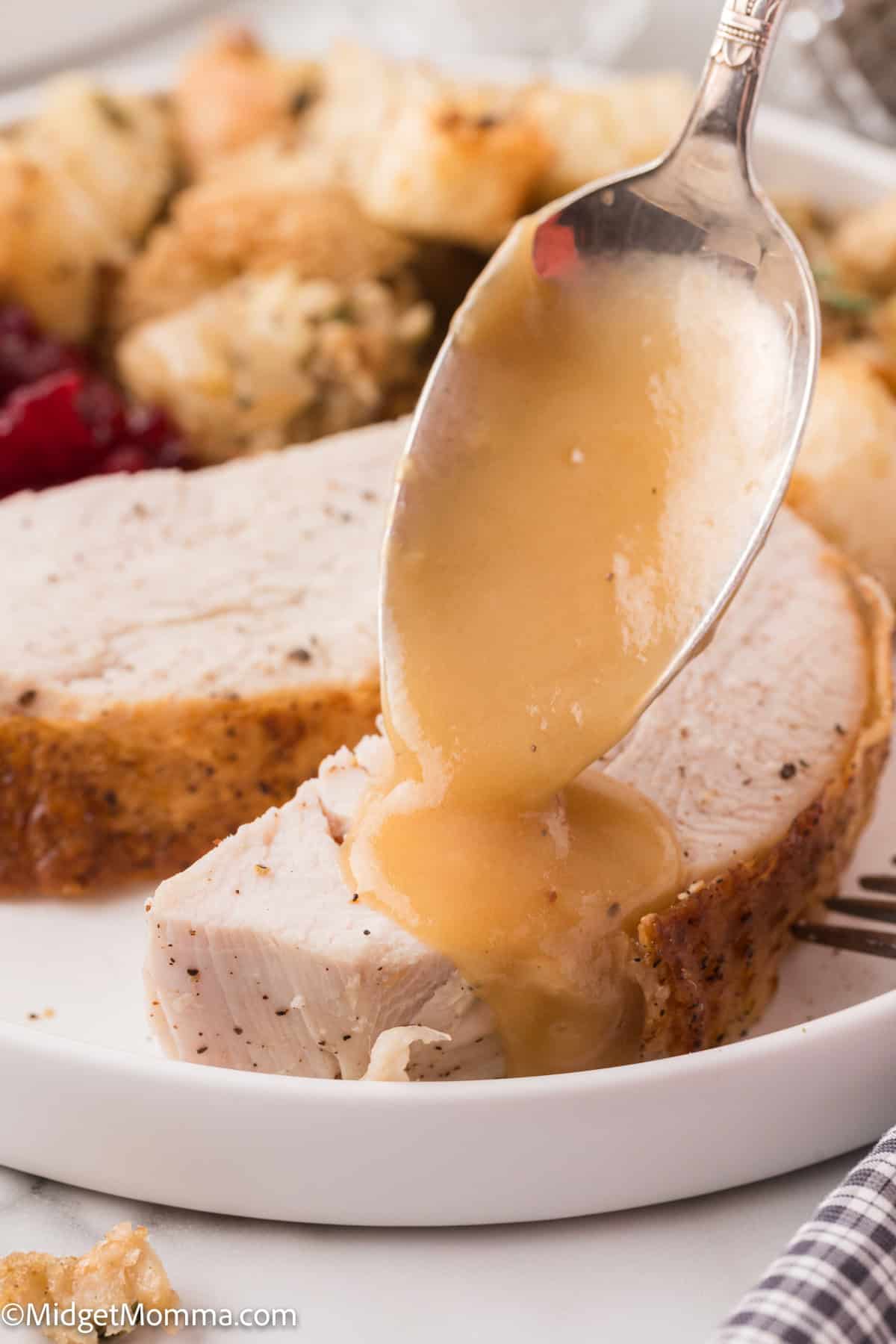 A spoon drizzling gravy over sliced roast turkey on a plate with stuffing in the background.