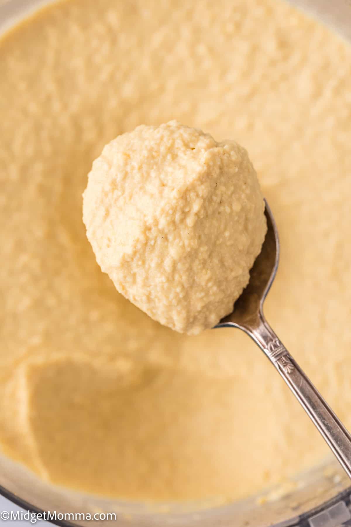 Close-up of a spoonful of a creamy of hummus 