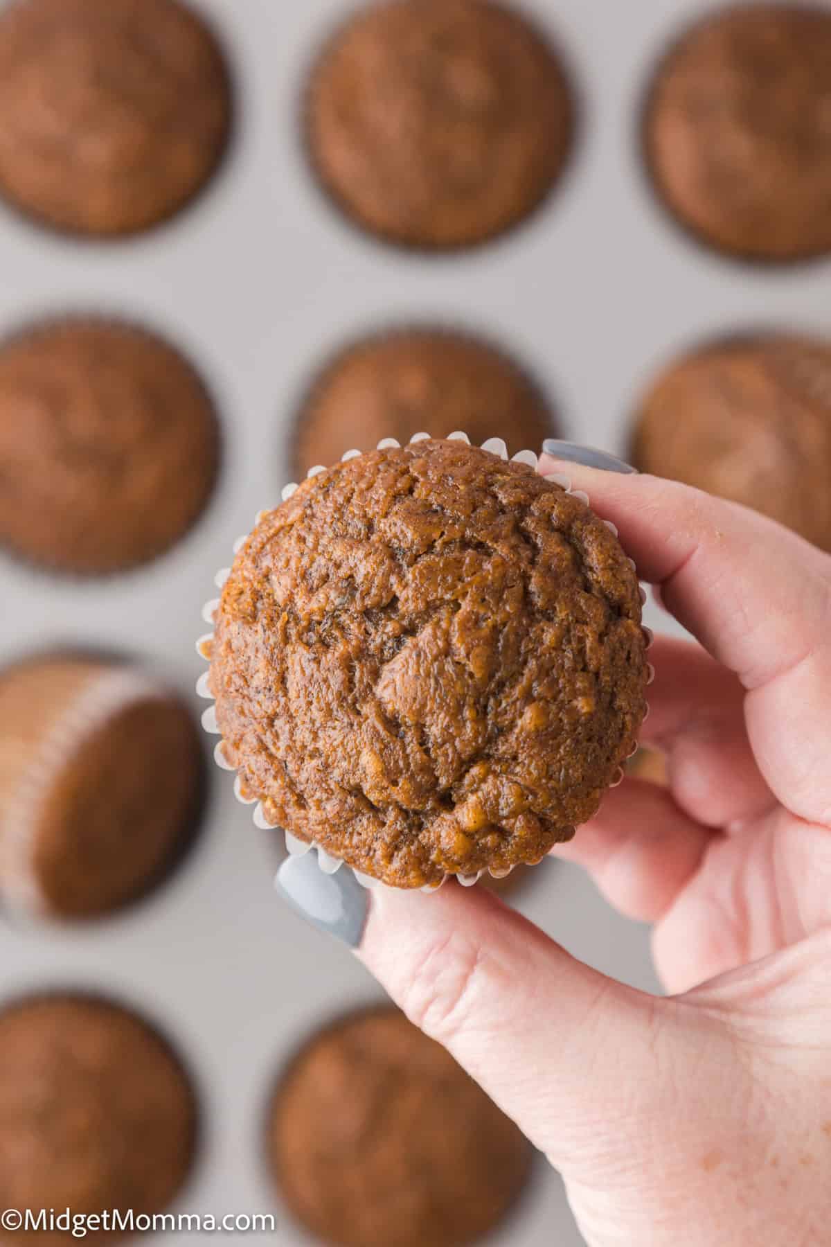 A hand with light-colored nails holds a single, brown muffin with other muffins on a tray in the background.