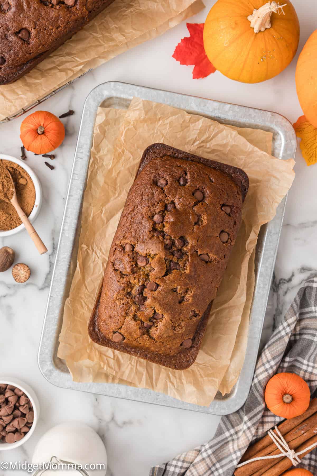 overhead photo of a loaf of Pumpkin Chocolate Chip bread 