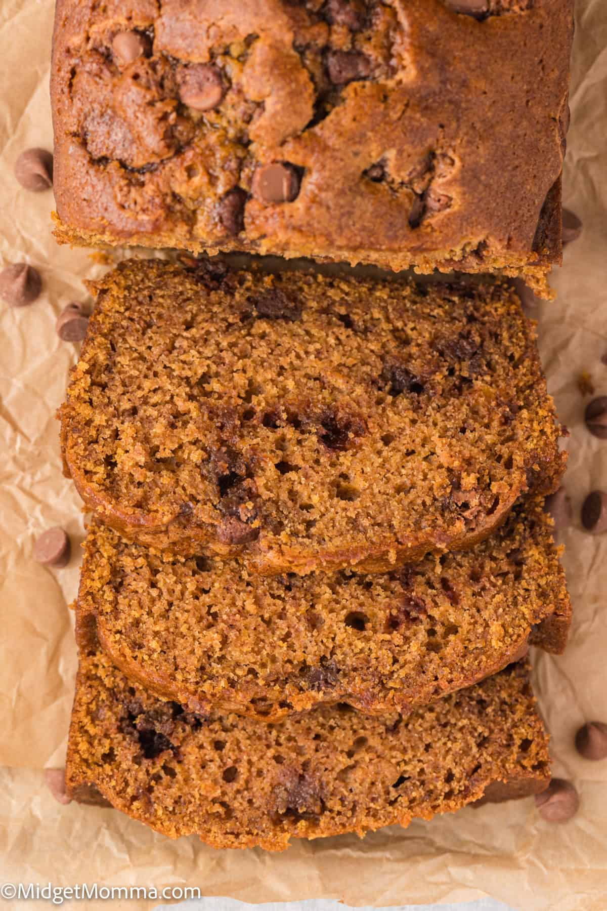 Sliced chocolate chip banana bread on parchment paper.