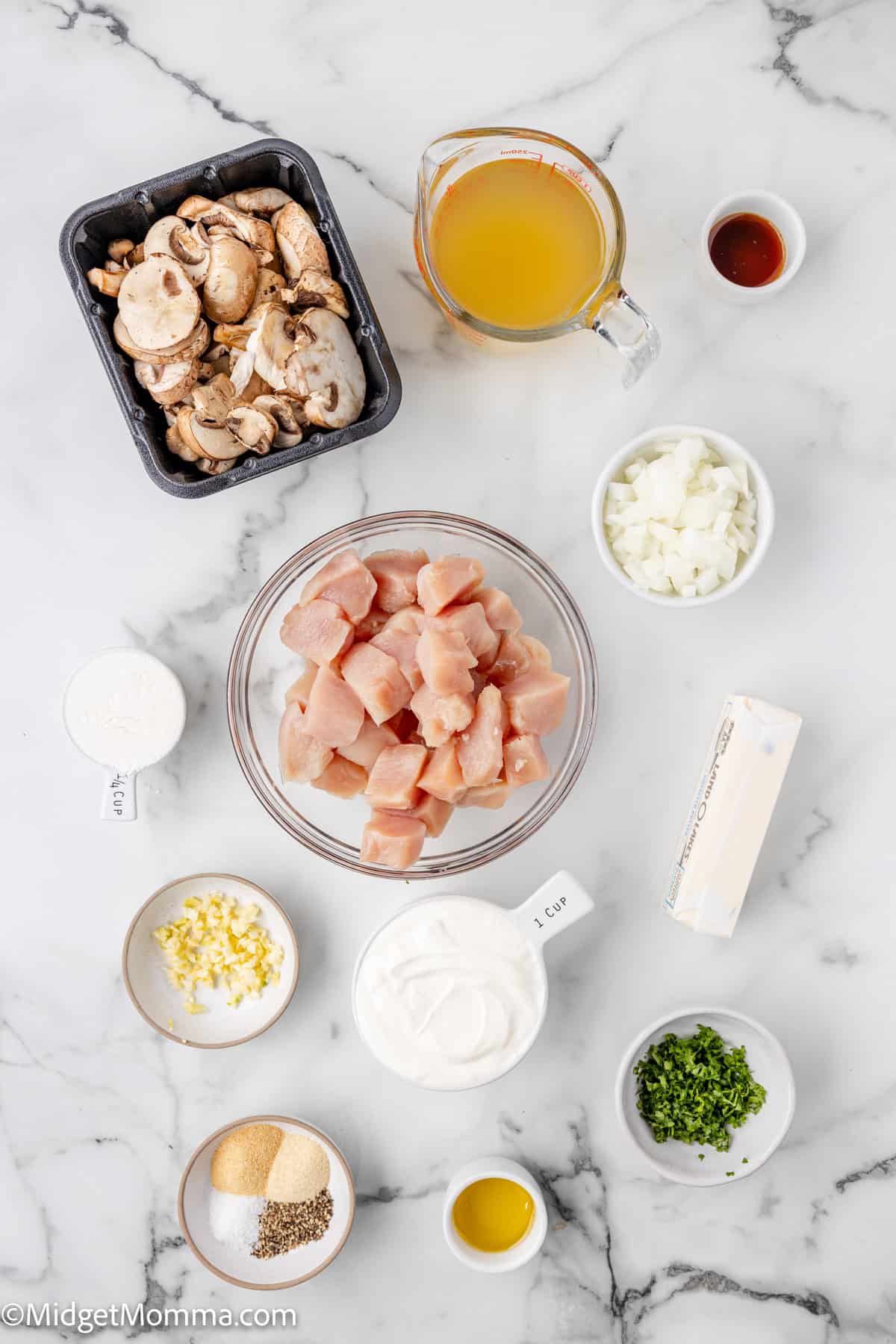 Chicken Stroganoff Recipe ingredients. Ingredients for a recipe on a marble surface: chopped chicken, mushrooms, broth, seasoning, garlic, chopped onions, yogurt, a stick of butter, sauce, and herbs.