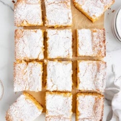 Twelve powdered sugar-topped cake squares arranged on parchment paper on a marble surface.